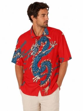 Camellia Men's Red Dragon Print Casual Button-Down Shirt Size M